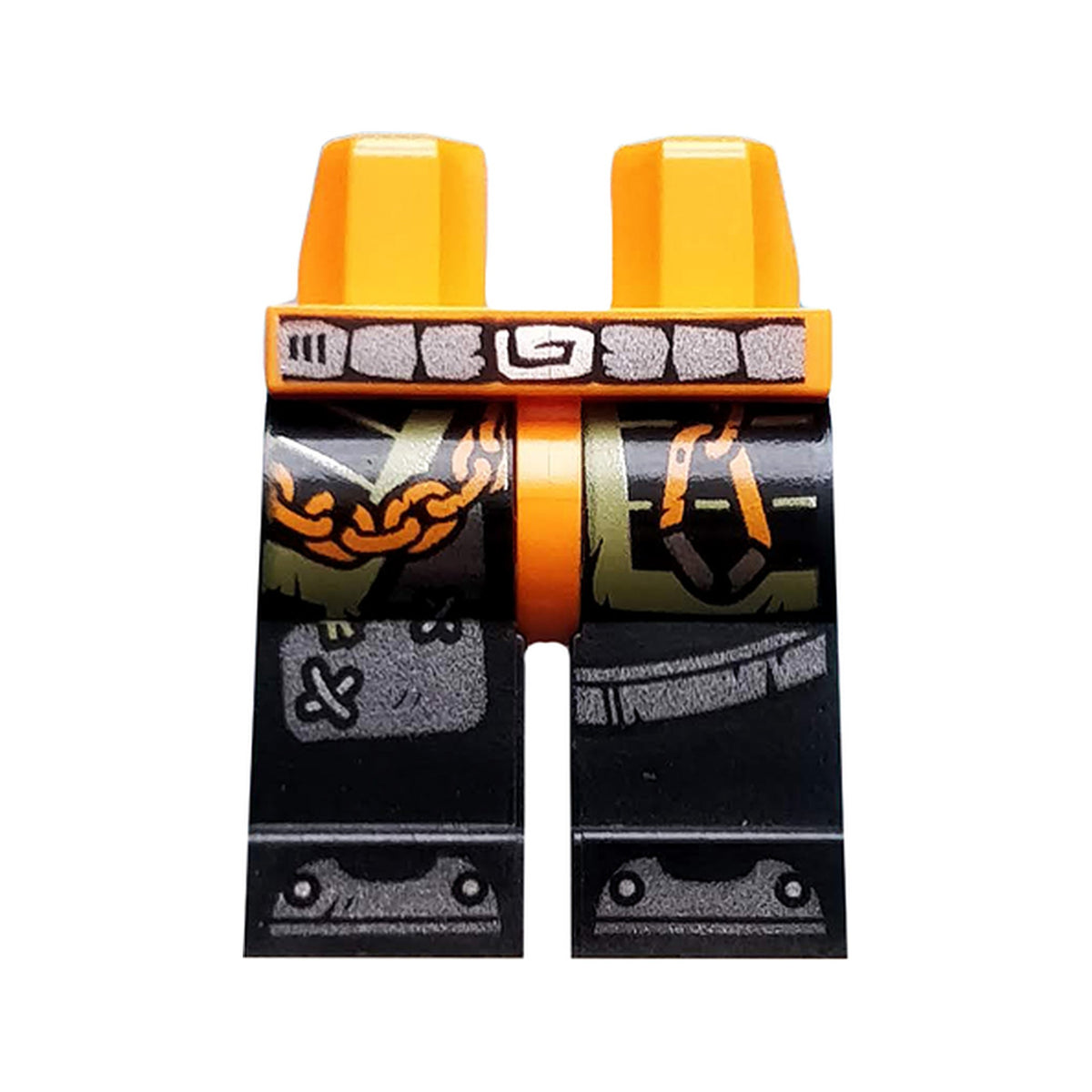 LEGO® Hips and Black Legs with Belt, Armor, Orange Chain and Carabiner, Olive Green Markings, and Iron Shoes Pattern 970c11pb41 orange