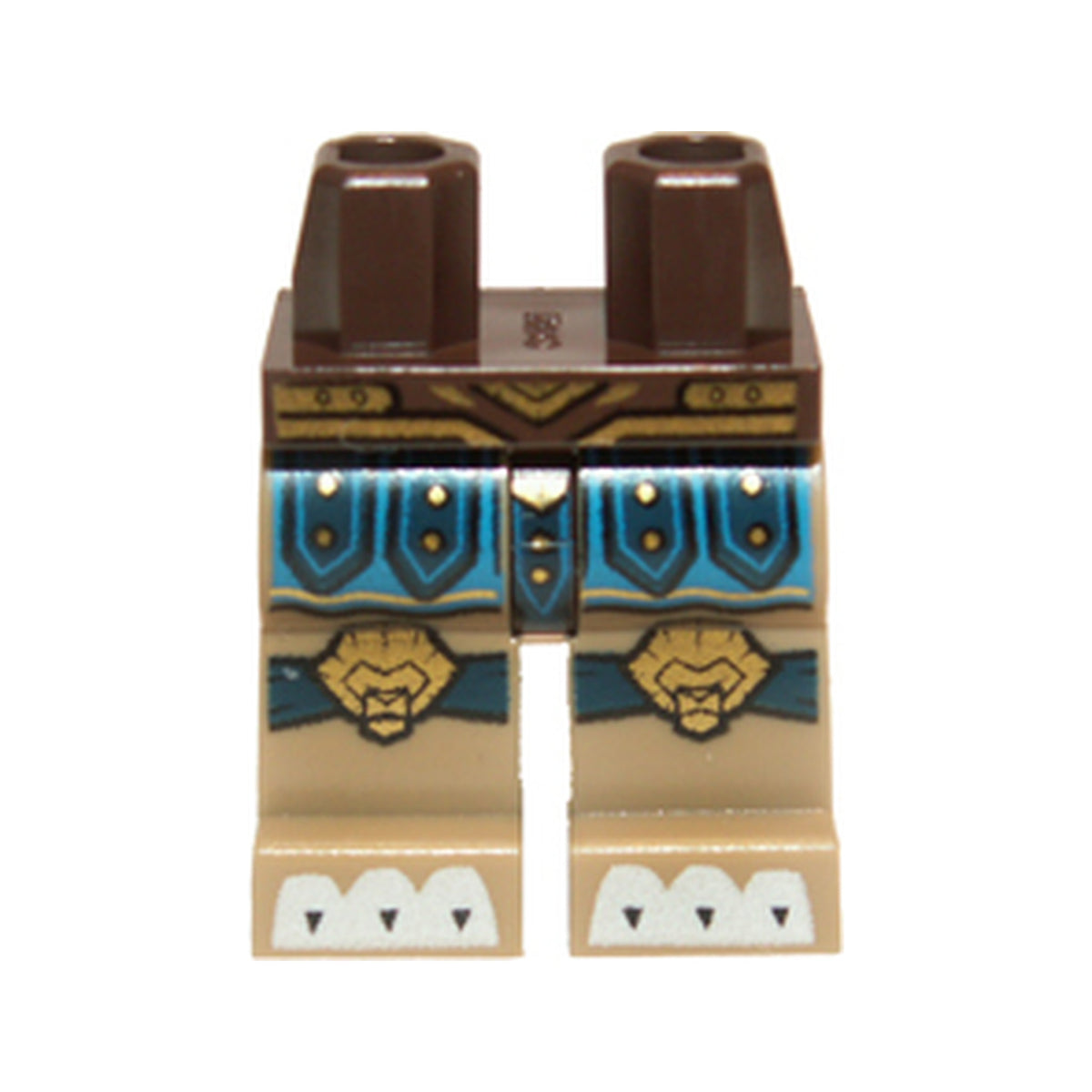 LEGO® Hips and Dark Tan Legs with Blue and Dark Blue Loincloth, Gold Lion Head Knee Pads and Belt and White Claws Pattern 970c69pb07 dunkelbraun
