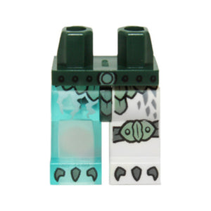 LEGO® Hips and 1 White Left Leg, 1 Trans-Light Blue Right Leg with Sand Green Scaled Armor and Knee Pad and Dark Bluish Gray Talons Pattern 970d19pb01