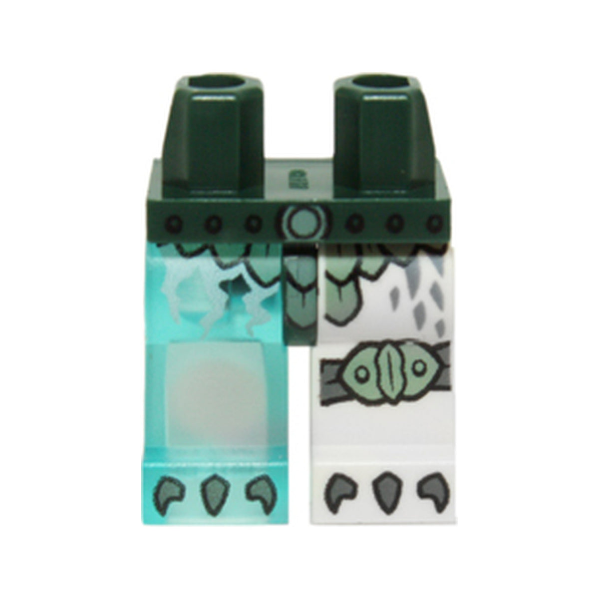 LEGO® Hips and 1 White Left Leg, 1 Trans-Light Blue Right Leg with Sand Green Scaled Armor and Knee Pad and Dark Bluish Gray Talons Pattern 970d19pb01 dunkelgrün