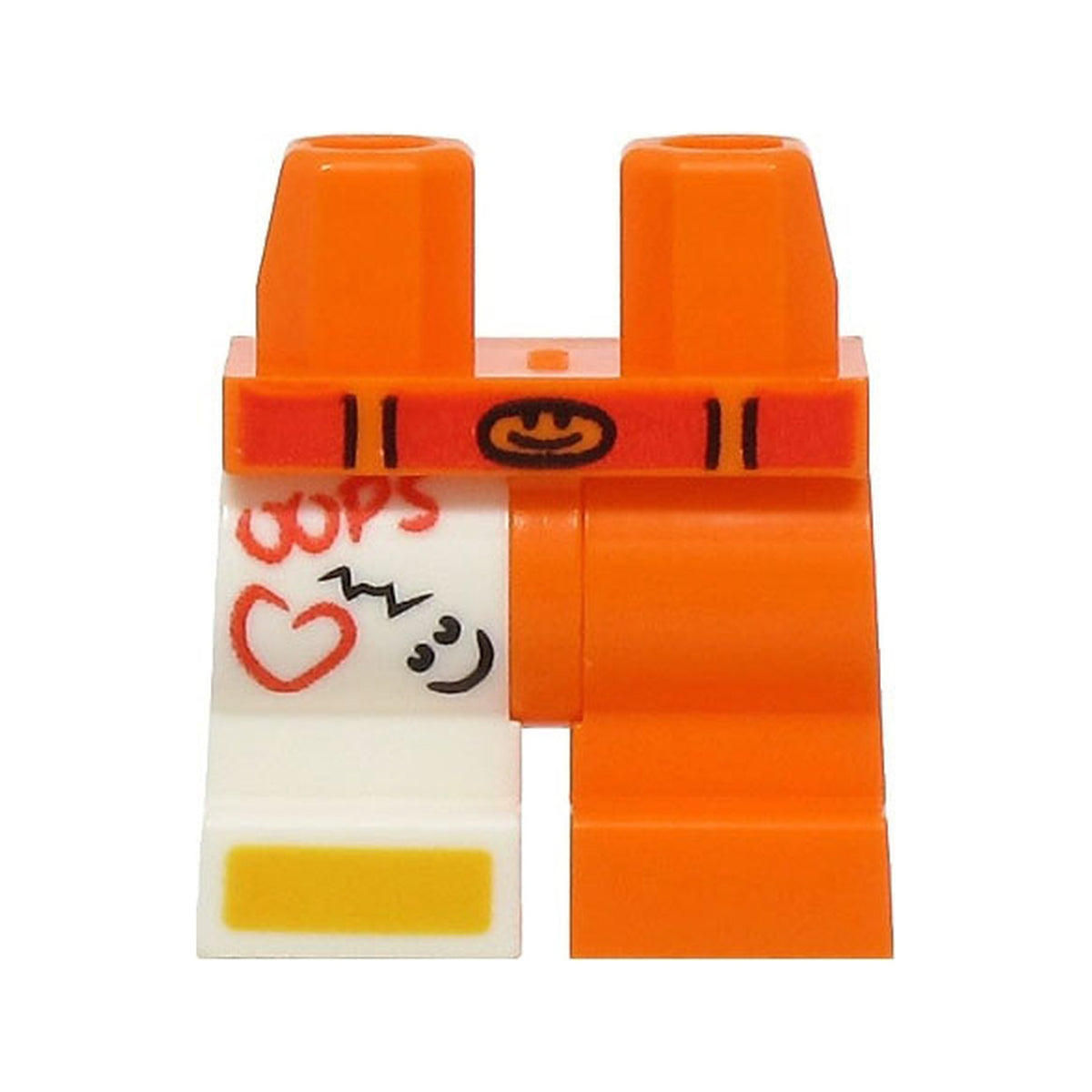 LEGO® Hips and 1 Orange Medium Left Leg, 1 White Medium Right Leg with Red Belt, 'OOPS' and Heart, Black Smiley Faces, Bright Light Orange Shoe Tip Pattern (BAM) 970dm02pb01 orange