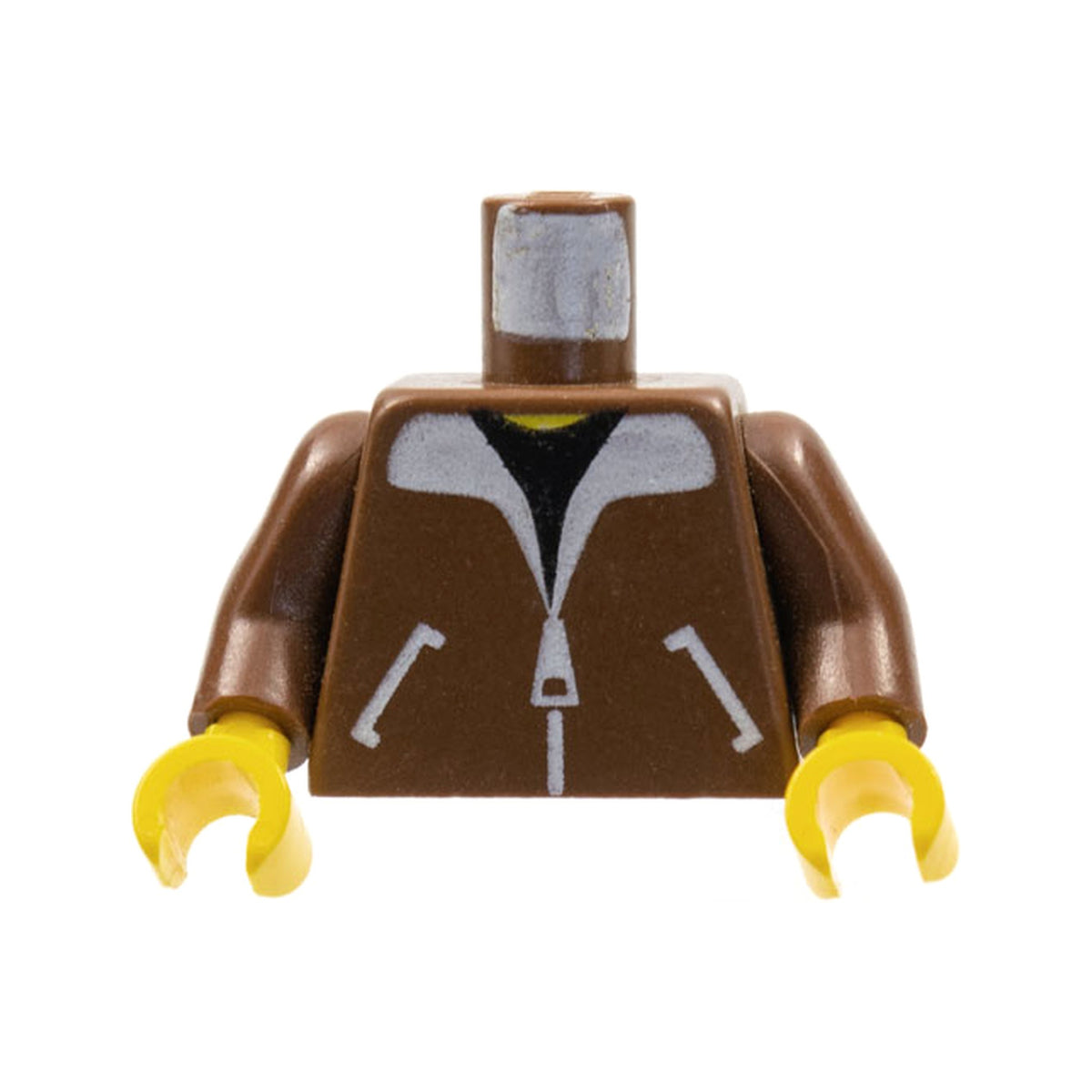 LEGO® Torso Aviator Bomber Jacket with White Pockets, Zipper and Fur Collar over Black Shirt, Yellow Neck Pattern / Brown Arms / Yellow Hands 973p70c01 braun