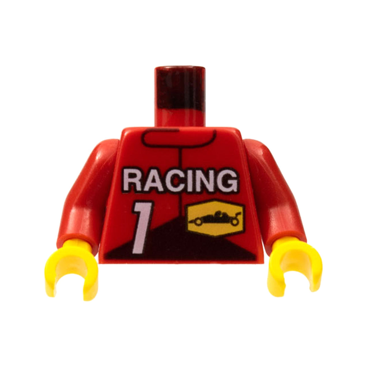 LEGO® Torso Race Driver with White 'RACING', Number 1, and Black Race Car on Yellow Hexagon Pattern / Red Arms / Yellow Hands 973pb0095c01 rot