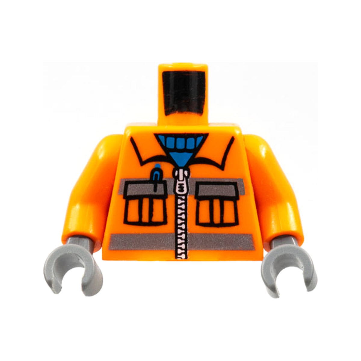 LEGO® Torso Construction Uniform Shirt with Pockets and Silver Zipper and Reflective Stripes over Blue Sweater Pattern / Orange Arms / Dark Bluish Gray Hands 973pb0263c02 orange