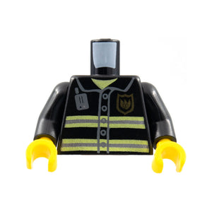 LEGO® Torso Fire Uniform Gold Badge, Silver Reflective Stripes, Dark Bluish Gray Radio Pattern / Black Arms / Yellow Hands 973pb0300c01