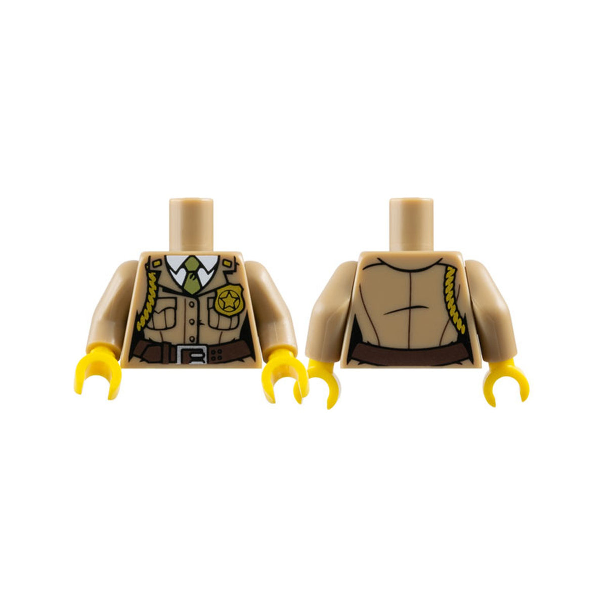 LEGO® Torso Female Police Uniform Jacket with Buttons and Pockets over White Shirt and Olive Green Tie, Dark Brown Belt with Silver Buckle, Gold Star Badge and Braid Pattern / Dark Tan Arms / Yellow Hands 973pb0986c01 dunkelbeige