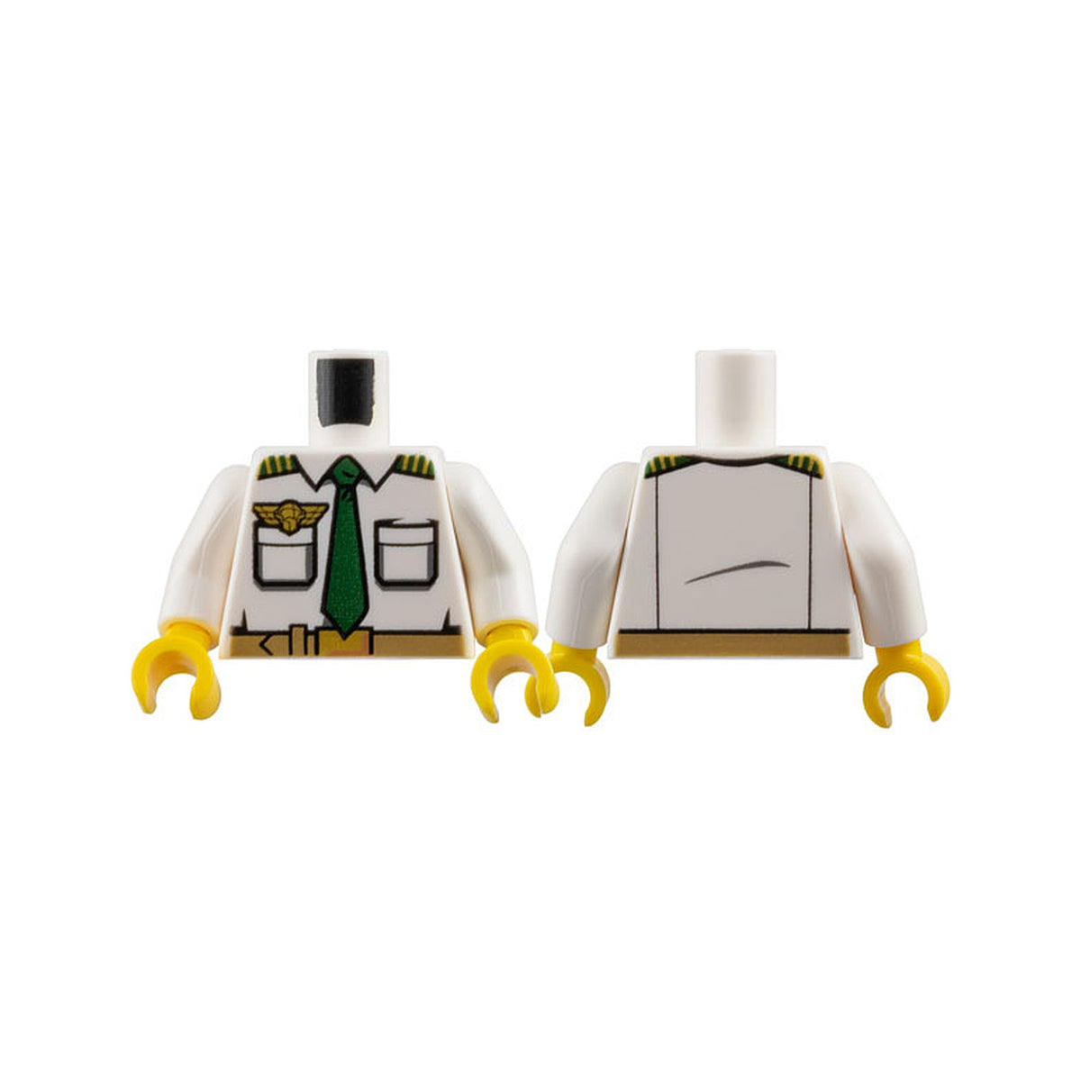 LEGO® Torso Airplane Pilot, Shirt with Dark Green Tie, Belt, Epaulettes and Gold Logo Pin Pattern / White Arms / Yellow Hands 973pb1433c01 weiss
