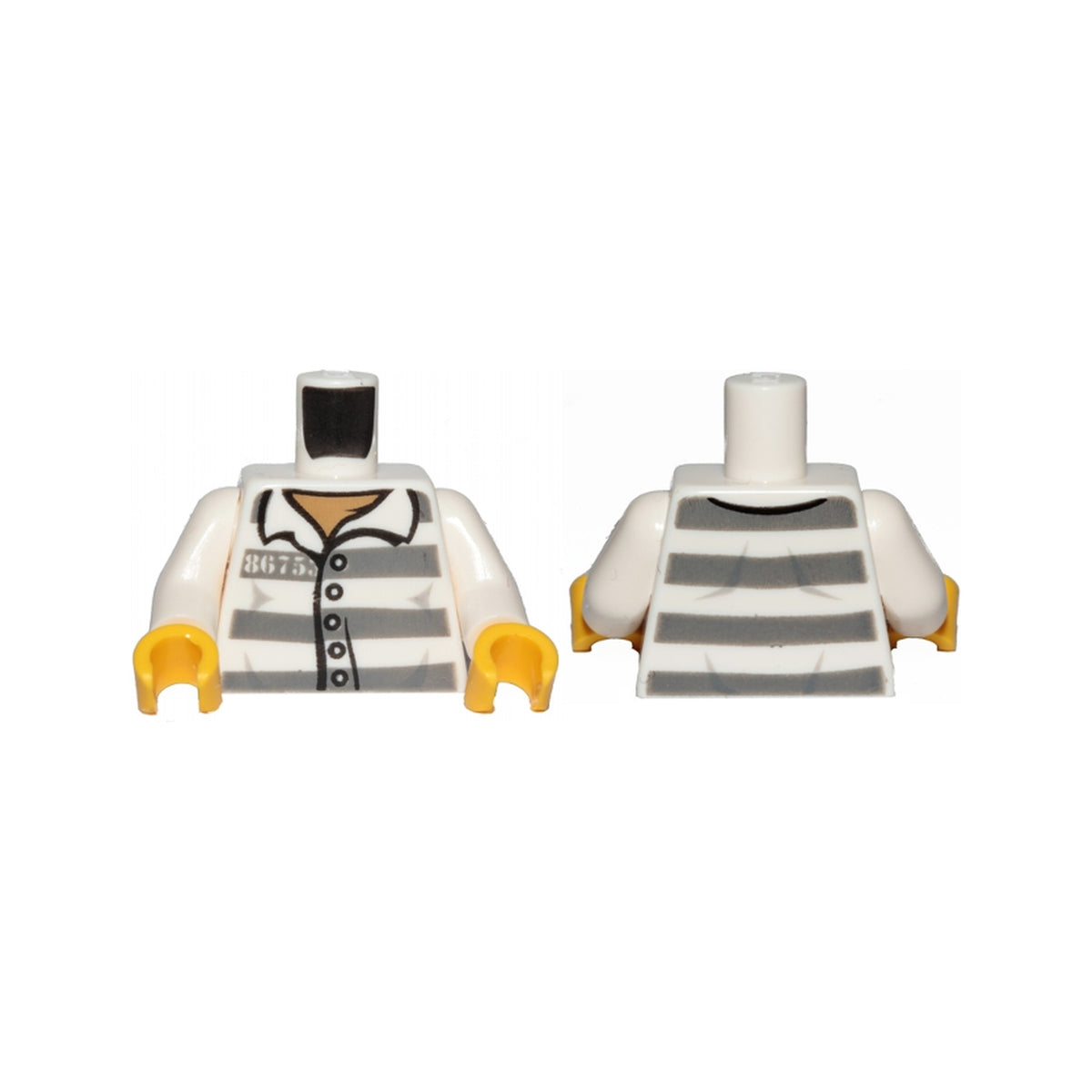 LEGO® Torso Prison Shirt with Buttons, Dark Bluish Gray Stripes and '86753' over Dark Tan Undershirt Pattern / White Arms / Yellow Hands 973pb1557c01 weiss