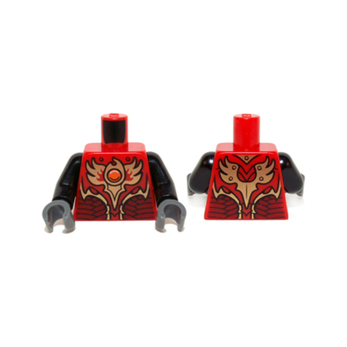 LEGO® Torso Vest with Dark Red and Gold Armor with Scales and Orange Round Jewel (Fire Chi) Pattern / Black Arms / Dark Bluish Gray Hands 973pb1715c01 rot