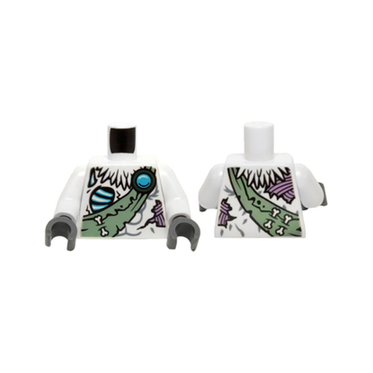 LEGO® Torso Feathers, Bones, Sand Green Sash, Medium Lavender Sinew Patches and Dark Azure Round Jewel (Chi) Pattern / White Arms / Dark Bluish Gray Hands 973pb1716c01 weiss