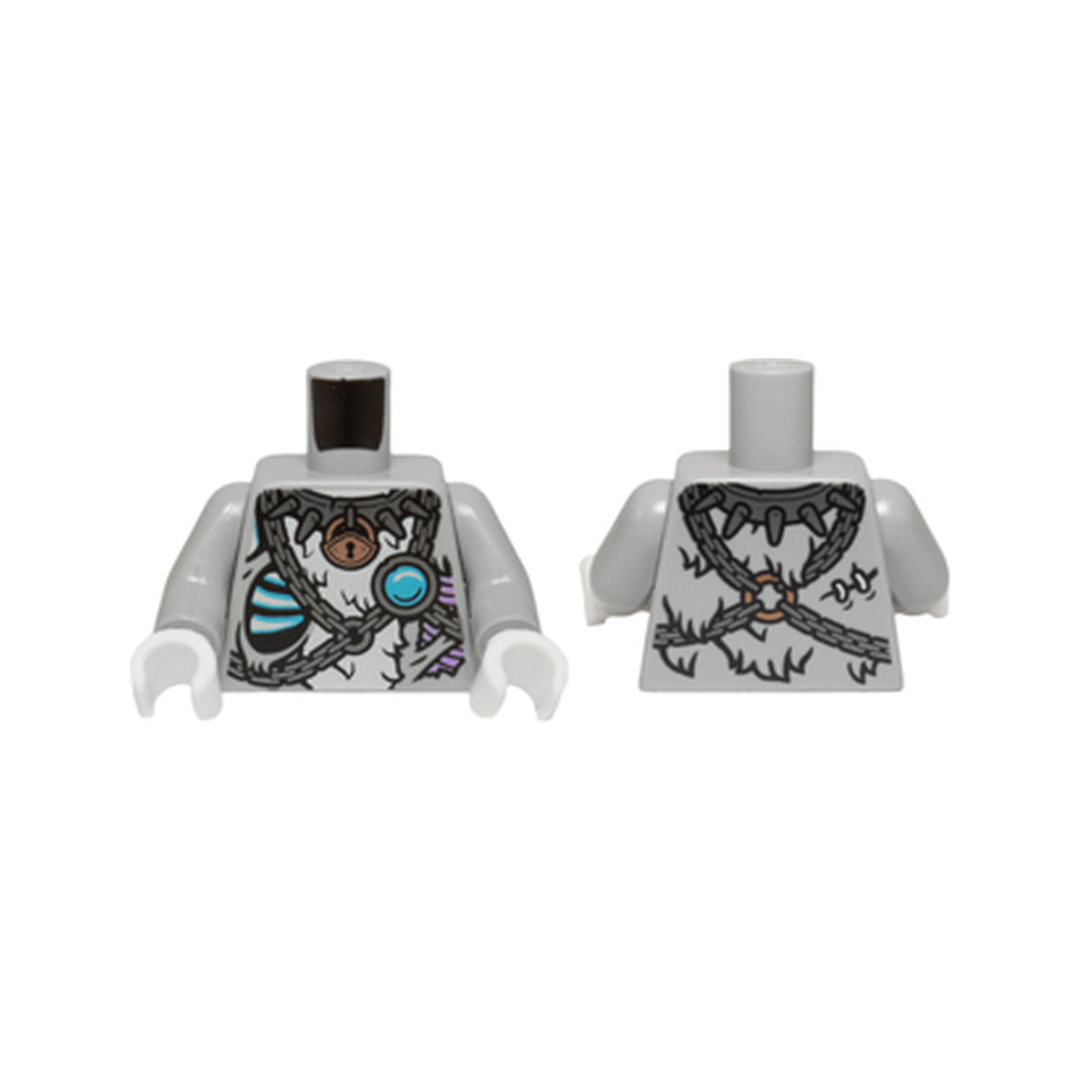 LEGO® Torso Tiger Fur with Chains, Spiked Collar, Padlock and Blue Round Jewel (Chi) Pattern / Light Bluish Gray Arms / White Hands 973pb1777c01 hellgrau