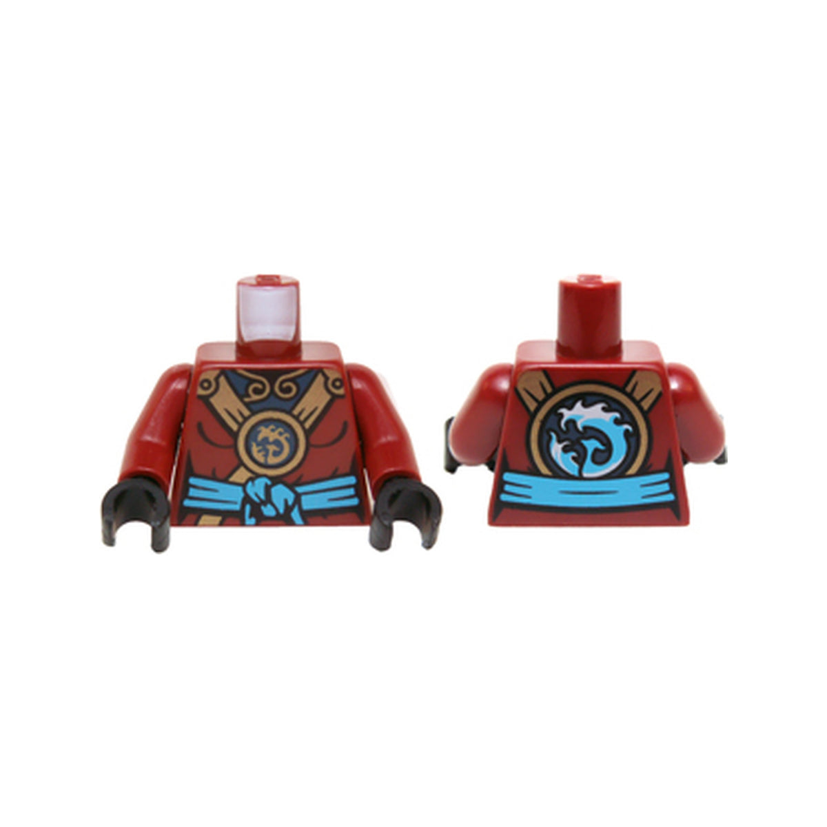 LEGO® Torso Ninjago Female Outline with Gold Straps, Round Emblem, Dark Azure Knotted Sash and Dark Blue Undershirt Pattern / Dark Red Arms / Black Hands 973pb2090c01 dunkelrot