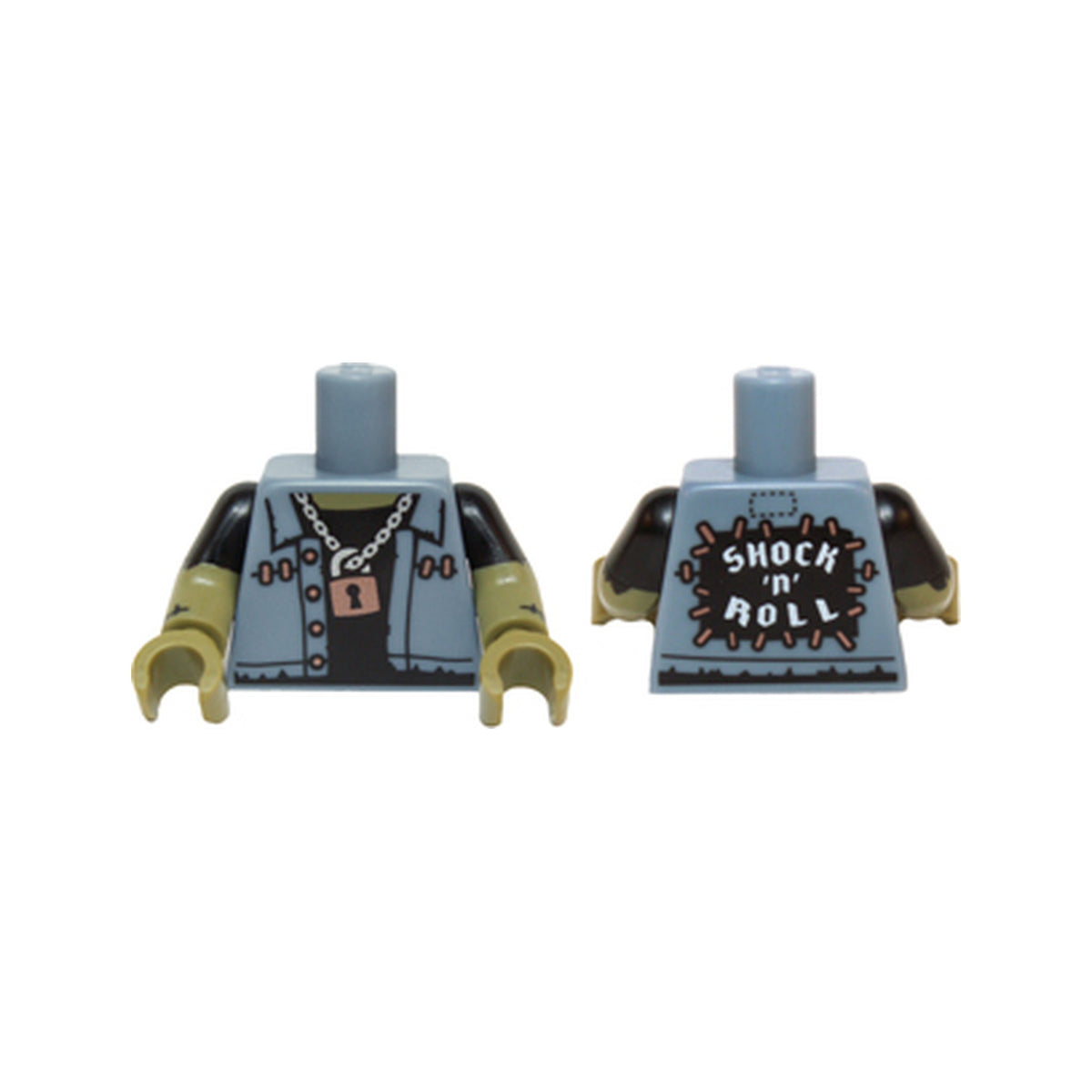 LEGO® Torso Vest over Black Undershirt, Padlock, 'SHOCK 'n' ROLL' Back Pattern / Olive Green Arms with Black Short Sleeves and Stitches / Olive Green Hands 973pb2106c01 sandblau