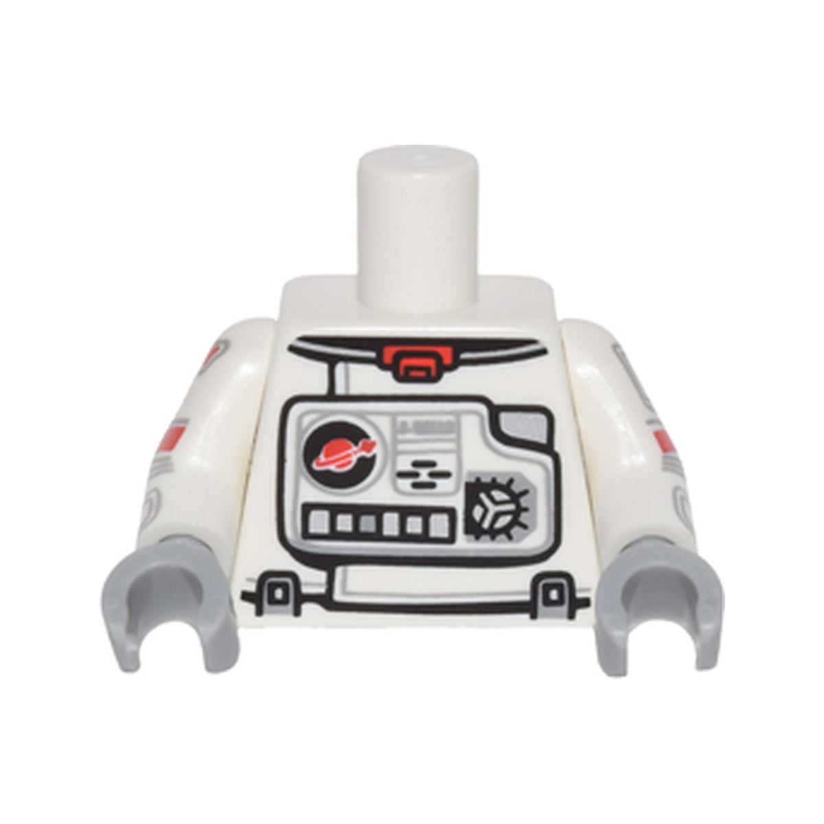 LEGO® Torso Astronaut Spacesuit with Classic Space Logo, Panels and Buttons, Red Collar Pattern / White Arms with Astronaut Spacesuit Panels, Gold Classic Space Logo, Red Stripe and 4 Light Bluish Gray Lines Pattern / Light Bluish Gray Hands 973pb2227c01 weiss