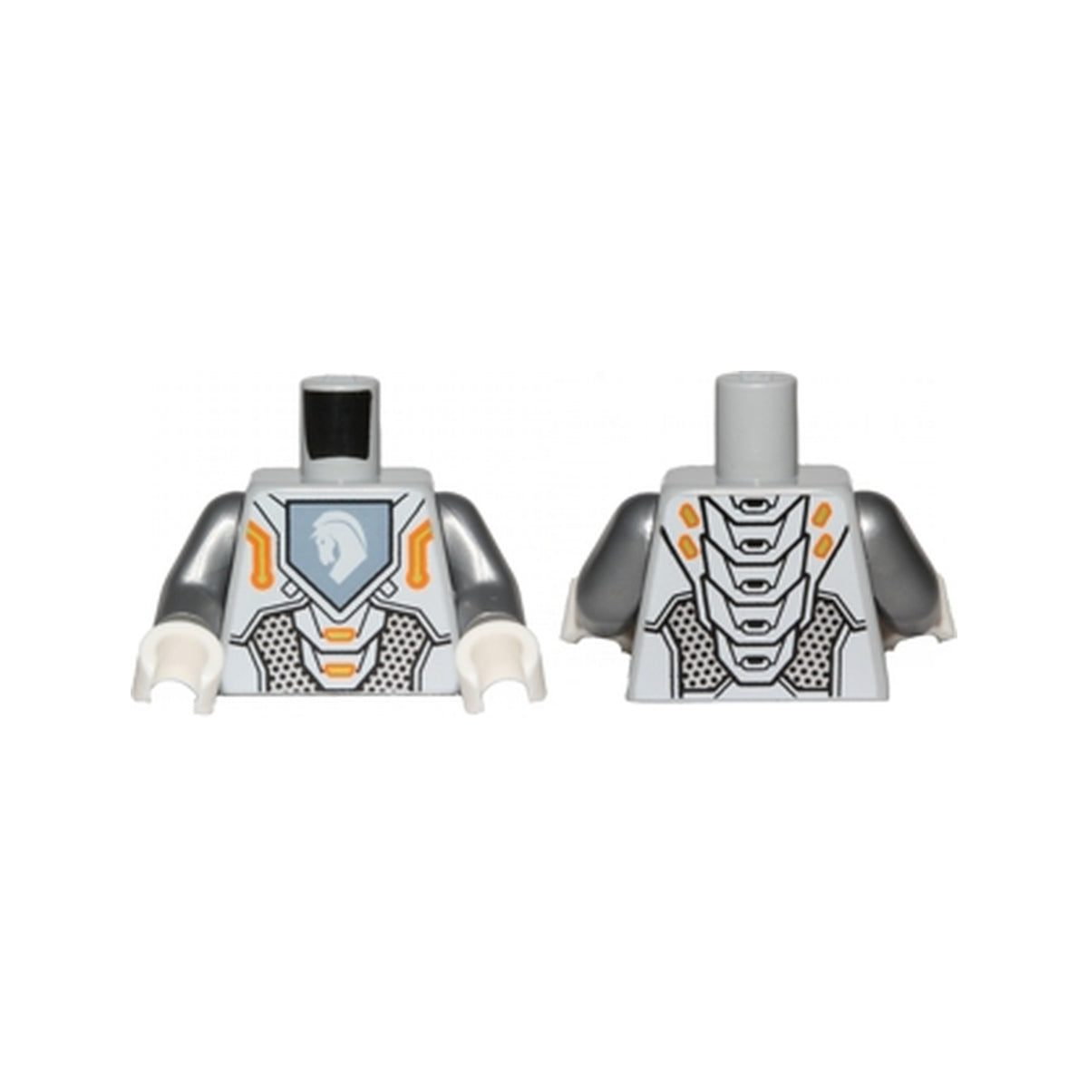 LEGO® Torso Nexo Knights Armor with Orange and Gold Circuitry and White Horse Head on Sand Blue Pentagonal Shield Pattern / Flat Silver Arms / White Hands 973pb2237c01 hellgrau