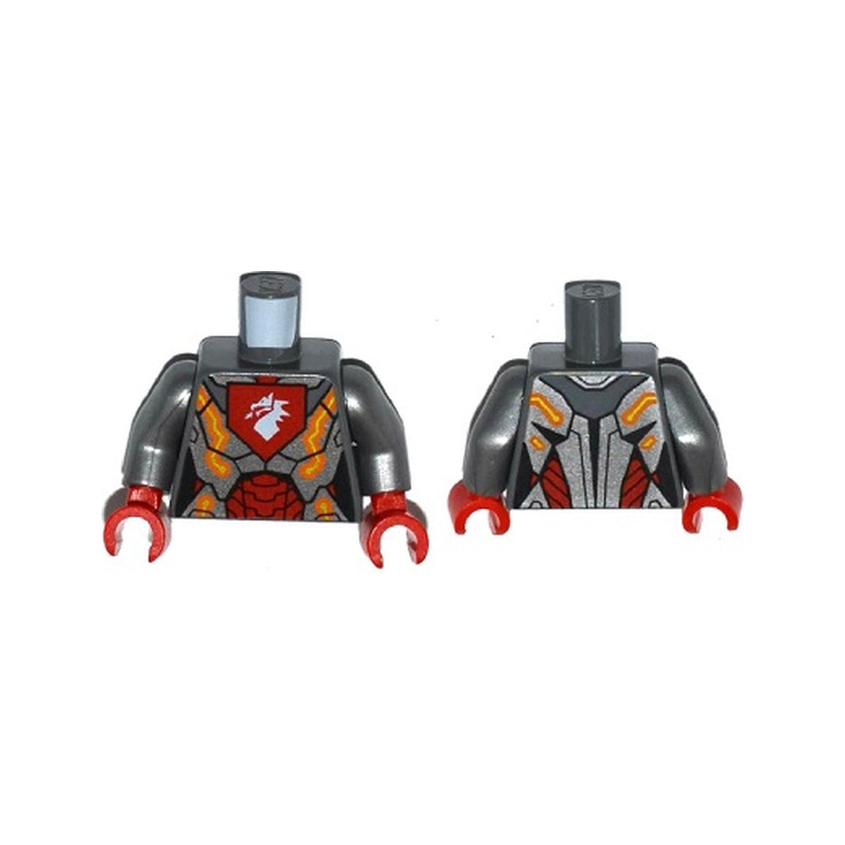 LEGO® Torso Nexo Knights Female Armor with Orange and Gold Circuitry and White Dragon Head on Red Pentagonal Shield Pattern / Flat Silver Arms / Red Hands 973pb2240c01 dunkelgrau