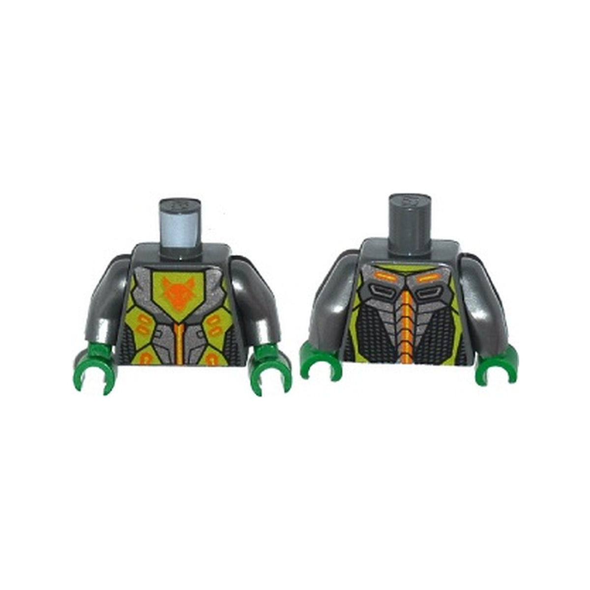 LEGO® Torso Nexo Knights Armor with Orange and Gold Circuitry and Lime Emblem with Orange Fox Head Pattern / Flat Silver Arms / Green Hands 973pb2259c01 dunkelgrau