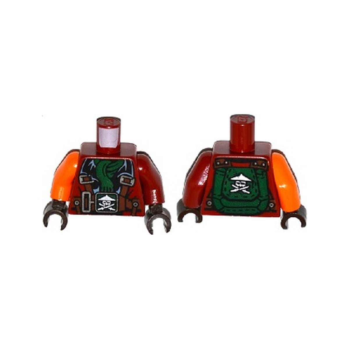 LEGO® Torso Ninjago Parachute with Straps, Ninja Skull with Crossed Swords, Green Scarf Pattern / Dark Red Arm Left / Orange Arm Right / Dark Brown Hands 973pb2301c01 dunkelrot