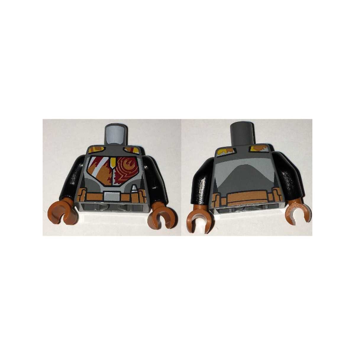 LEGO® Torso SW Mandalorian Armor Plates Female Dark Red, Dark Orange, and Yellow with Rebel Starbird and Utility Belt Pattern (Sabine Wren) / Black Arms / Dark Orange Hands 973pb2356c01 dunkelgrau