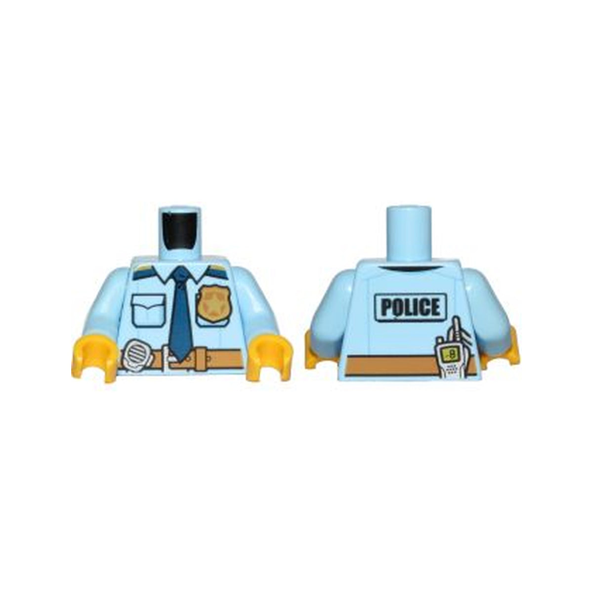 LEGO® Torso Police Shirt with Gold Badge, Dark Blue Tie, Dark Tan Belt and 'POLICE' and Radio on Back Pattern / Bright Light Blue Arms / Yellow Hands 973pb2600c01 leuchtend hellblau