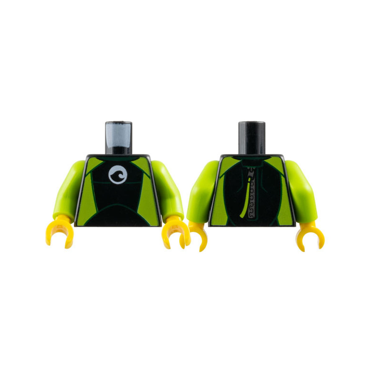 LEGO® Torso Wetsuit with Dark Green Collar, Lime Panels, Wave Logo on White Circle, Silver Zipper with Pull Cord on Back Pattern / Lime Arms / Yellow Hands 973pb2739c01 schwarz