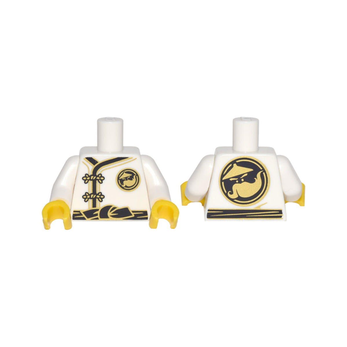 LEGO® Torso Ninjago Robe with Gold Frog Clasps, Black Sash and Gold Sensei Wu Emblem Front and Back Pattern / White Arms / Yellow Hands 973pb2784c01 weiss