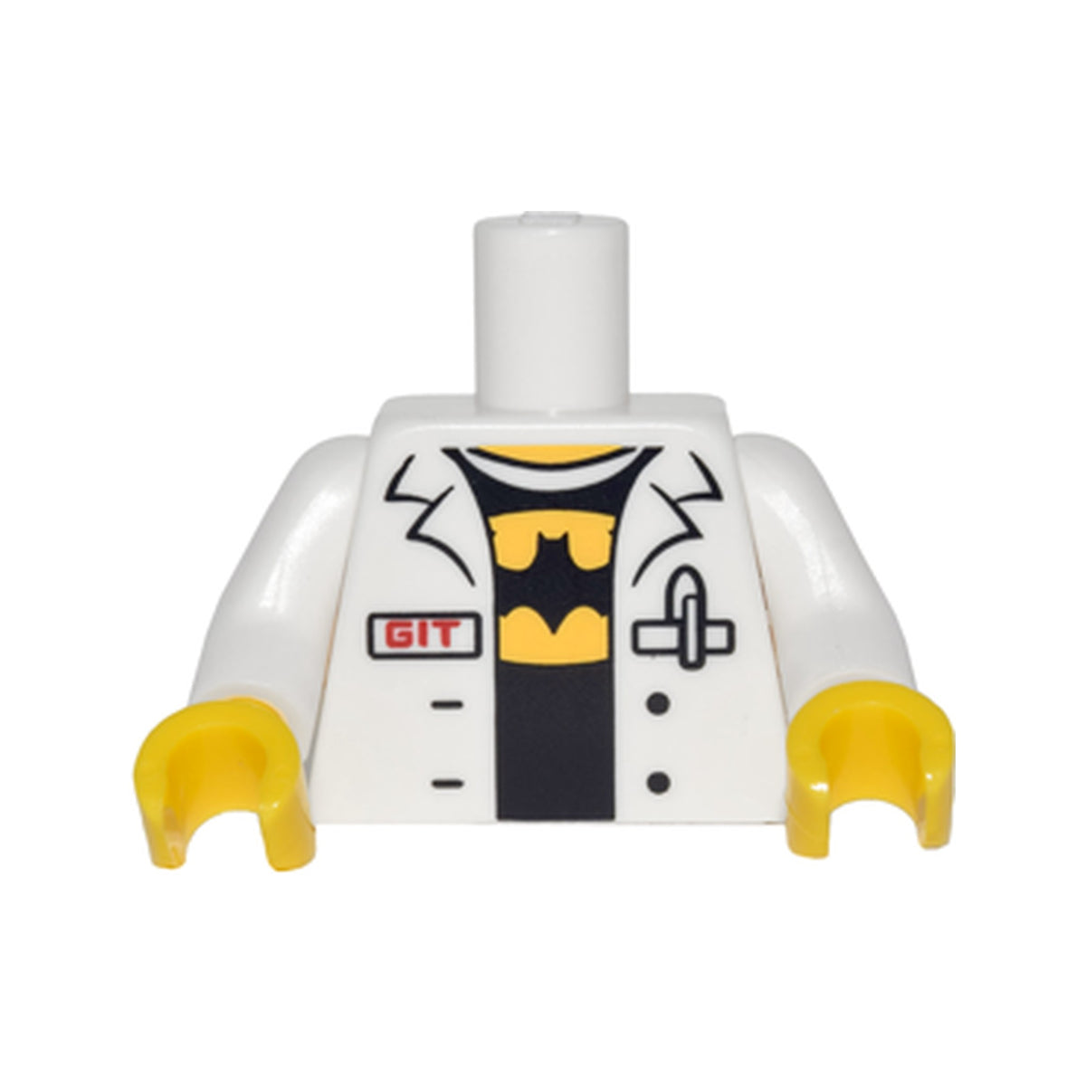 LEGO® Torso Lab Coat with Pen and Red 'GIT' over Black Shirt with Yellow Batman Logo Pattern / White Arms / Yellow Hands 973pb2800c01 weiss