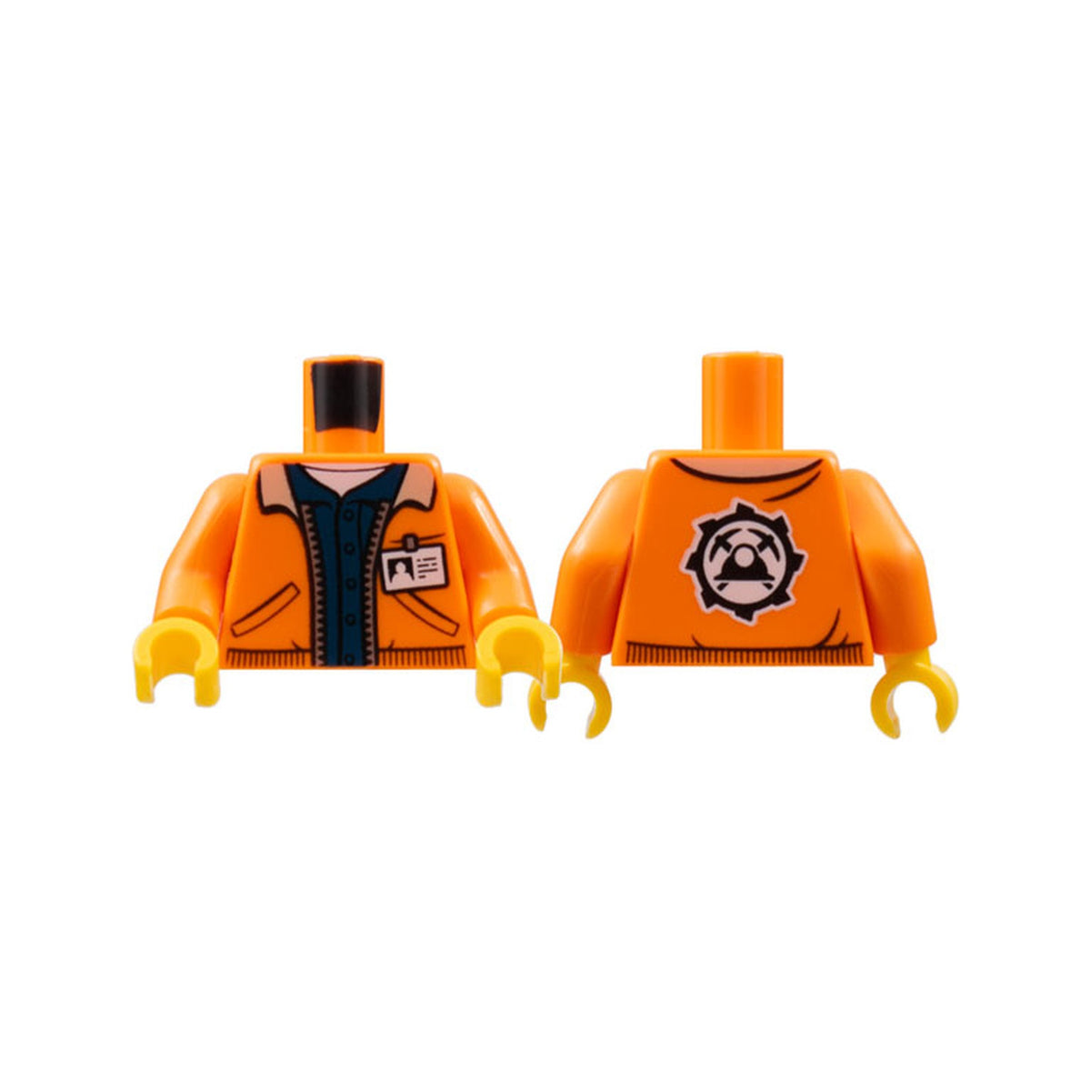 LEGO® Torso Town Jacket with Pockets over Dark Blue Shirt with Name Tag and Miners Logo on Back Pattern / Orange Arms / Yellow Hands 973pb2920c01 orange