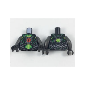 LEGO® Torso Armor, Red Eye in Center, Silver and Green Circuitry, Green and Lime Trim Pattern / Pearl Dark Gray Arms / Black Hands 973pb2976c01
