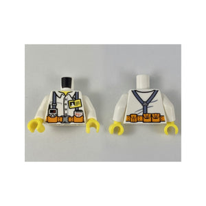 LEGO® Torso Town Miners White Shirt with Dark Gray Suspender Straps Pattern with Radio, Notebook and ID Badge / White Arms / Yellow Hands 973pb2990c01