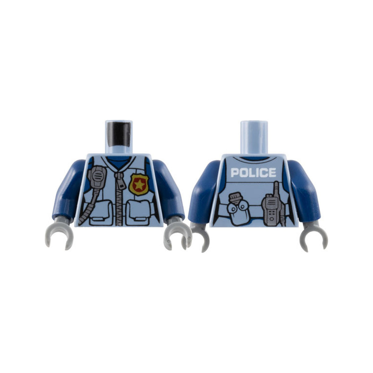 LEGO® Torso Female Police Flak Vest Closed with Silver Zipper and Gold Badge over Dark Blue Shirt, Radio, Canteen, White 'POLICE' on Back Pattern / Dark Blue Arms / Dark Bluish Gray Hands 973pb3010c01 sandblau