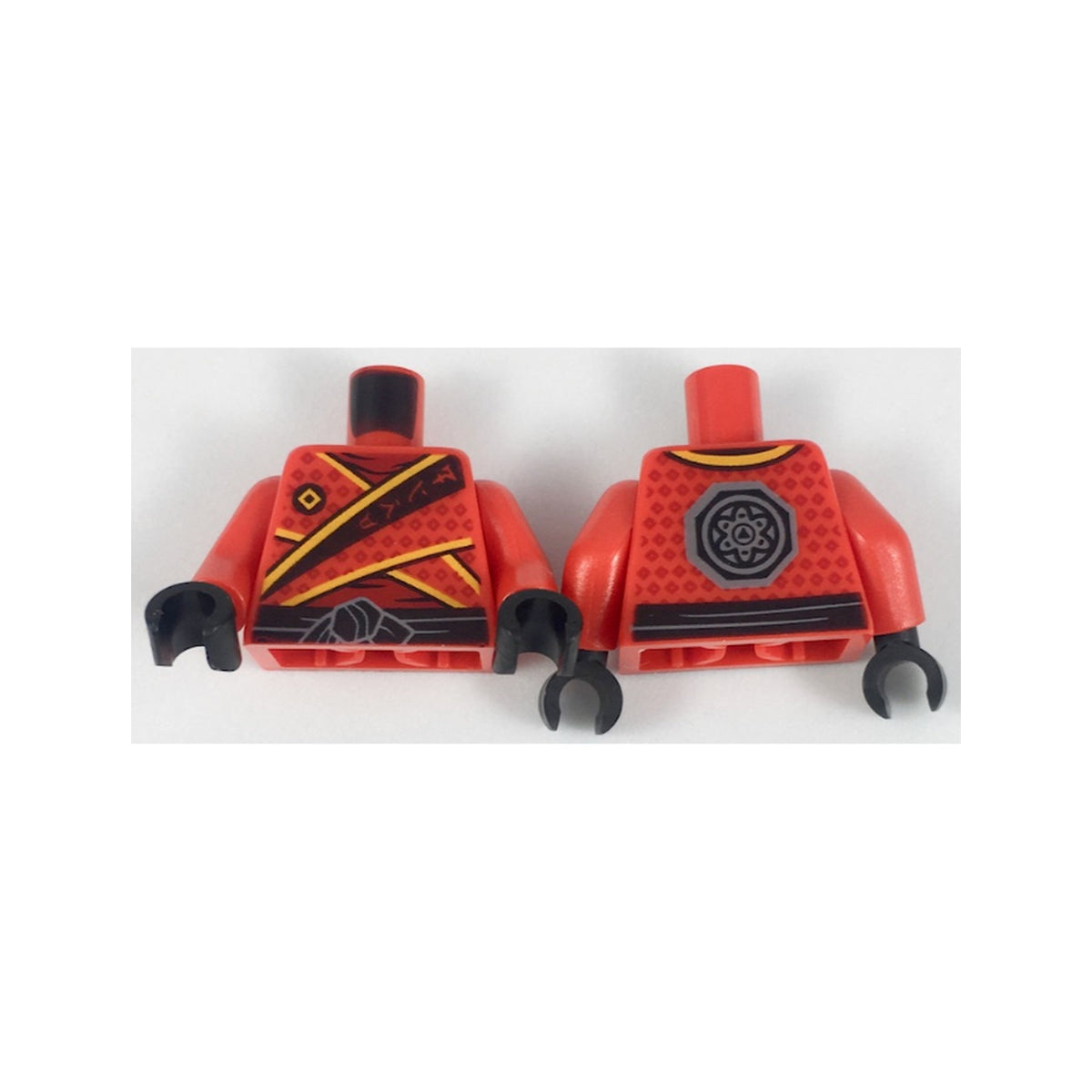 LEGO® Torso Tunic with Bright Light Orange Trim, Diamonds and Ninjago Logogram 'FIRE' over Dark Red Shirt, Black Waist Sash with Knot, Dark Bluish Gray Octagon Logo on Back Pattern / Red Arms / Black Hands 973pb3048c01 rot