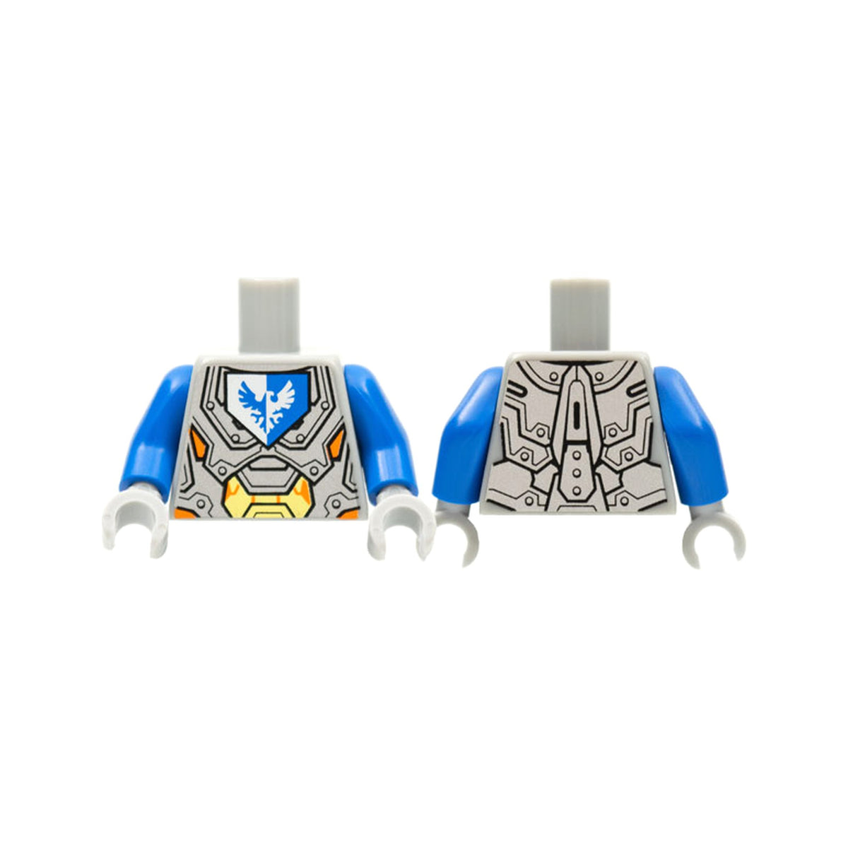 LEGO® Torso Nexo Knights Armor with Orange and Gold Circuitry and Emblem with Blue Falcon Pattern / Blue Arms / Light Bluish Gray Hands 973pb3174c01 hellgrau