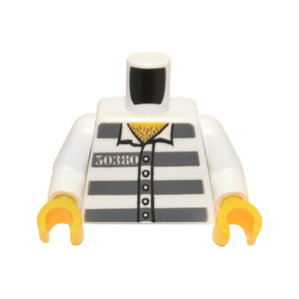 LEGO® Torso Prison Uniform Shirt with '50380', 5 Buttons, and Dark Bluish Gray Stripes, Hairy Chest, Yellow Neck Pattern / White Arms / Yellow Hands 973pb3375c01 weiss