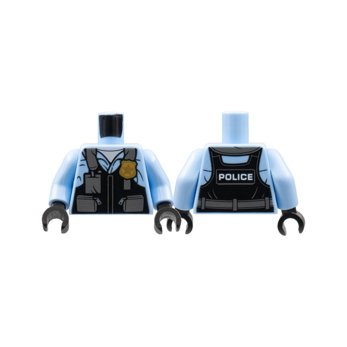 LEGO® Torso Police Black Pilot Safety Vest with Police Badge and Dark Bluish Gray Pockets Pattern / Bright Light Blue Arms / Black Hands 973pb3376c01 leuchtend hellblau