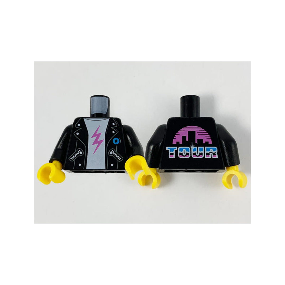 LEGO® Torso Jacket, White Shirt with Dark Pink Lightning Bolt, 'TOUR' and Cityscape on Back Pattern / Black Arms / Yellow Hands 973pb3875c01 schwarz