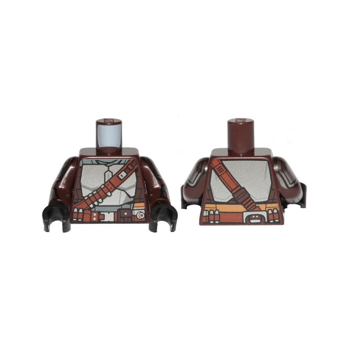 LEGO® Torso SW Mandalorian Silver Beskar Armor Plates and Reddish Brown Belts Pattern / Dark Brown Arms with Armor and Vambraces with Whistling Bird Launcher and Flamethrower Pattern / Black Hands 973pb4119c01 dunkelbraun