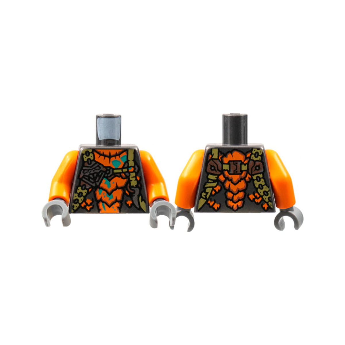 LEGO® Torso Orange Breastplate, Olive Green Straps, Silver Snake Head and Tooth, Dark Turquoise Spots Pattern / Orange Arms / Dark Bluish Gray Hands 973pb4542c01 perldunkelgrau