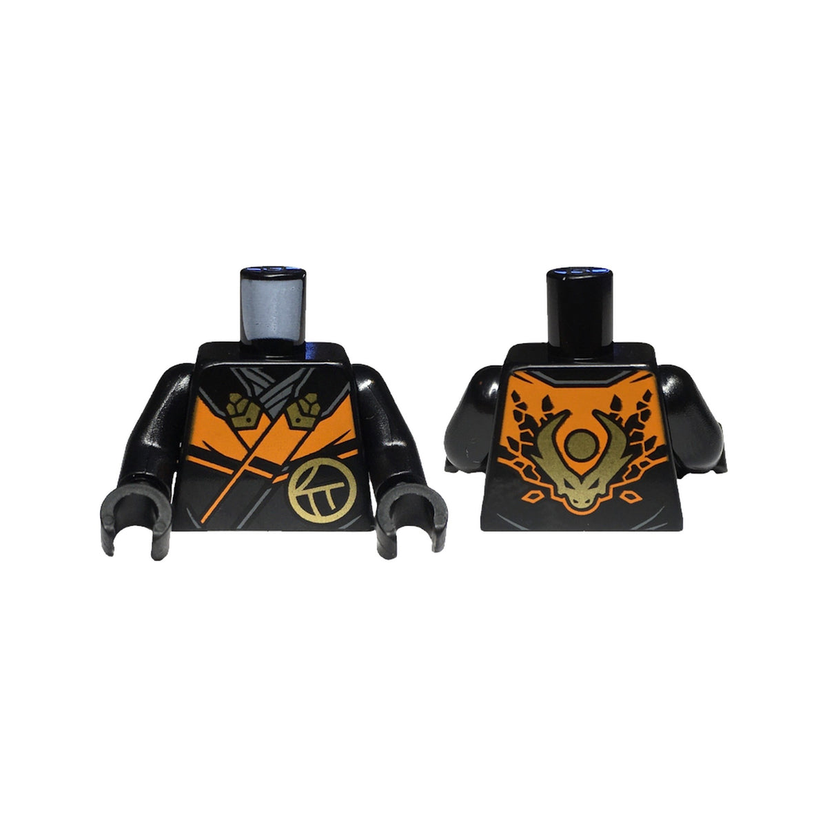 LEGO® Torso Ninja Robe with Orange Trim and Gold Buckles over Dark Bluish Gray Sash, Ninjago Logogram Letter C in Circle, Dragon Head and Orb on Back Pattern / Black Arms / Black Hands 973pb5244c01 schwarz