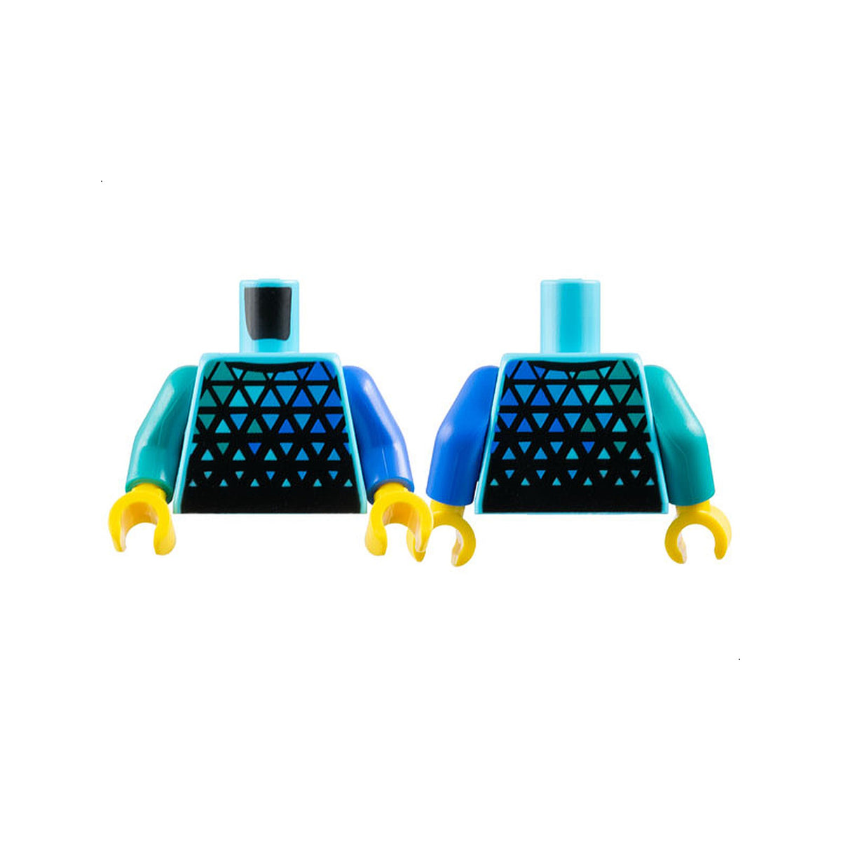LEGO® Torso Shirt with Blue, Dark Turquoise, and Medium Blue Triangles on Black Background Pattern / Blue Arm Left / Dark Turquoise Arm Right / Yellow Hands 973pb5306c01 azurblau