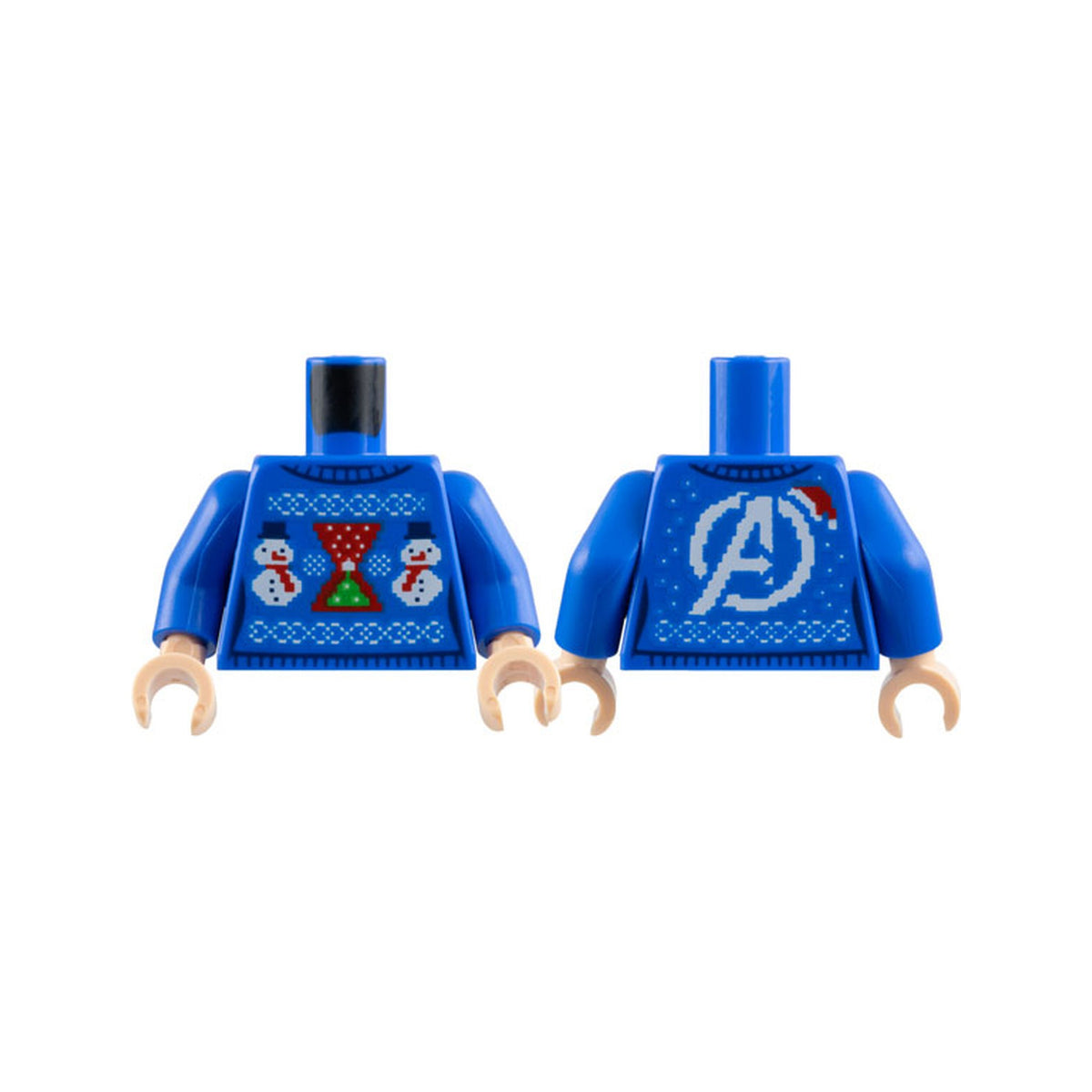 LEGO® Torso Female Knit Fair Isle Holiday Sweater with Bright Green Tree on Red Black Widow Hourglass Logo, White Snowmen, Avengers Logo with Santa Hat on Back Pattern / Blue Arms / Light Nougat Hands 973pb5387c01 blau