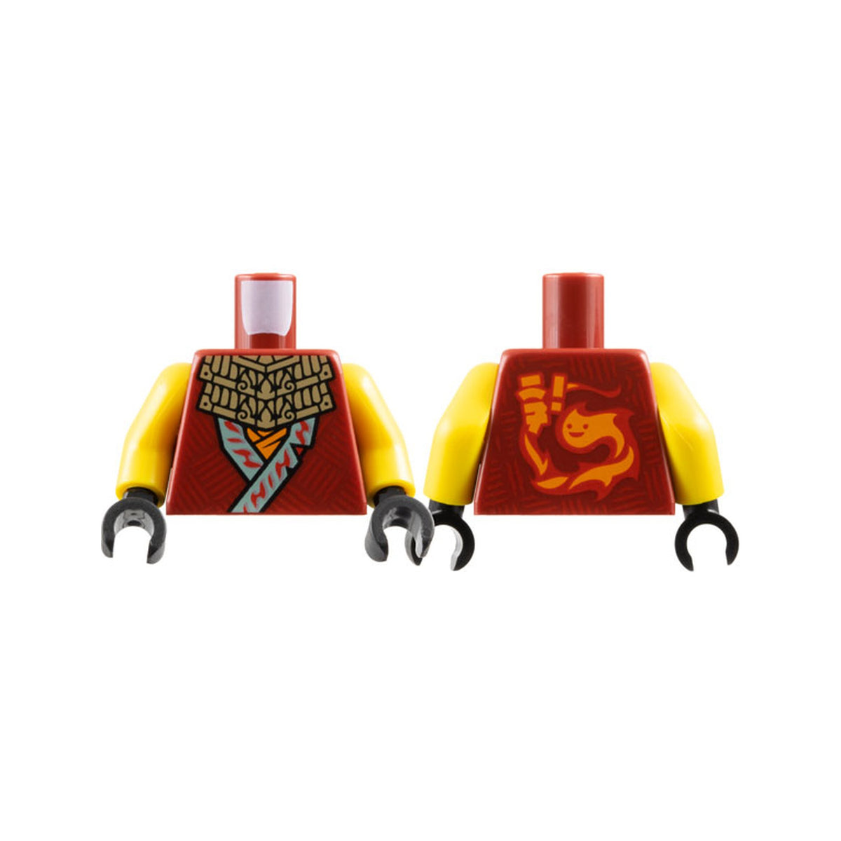LEGO® Torso Ninja Robe with Sand Green Hems and Red Lines over Orange Shirt, Dark Tan Ornate Necklace, Ninjago Logogram 'WF!' and Flame with Face Logo on Back Pattern / Yellow Arms / Black Hands 973pb5558c01 dunkelrot
