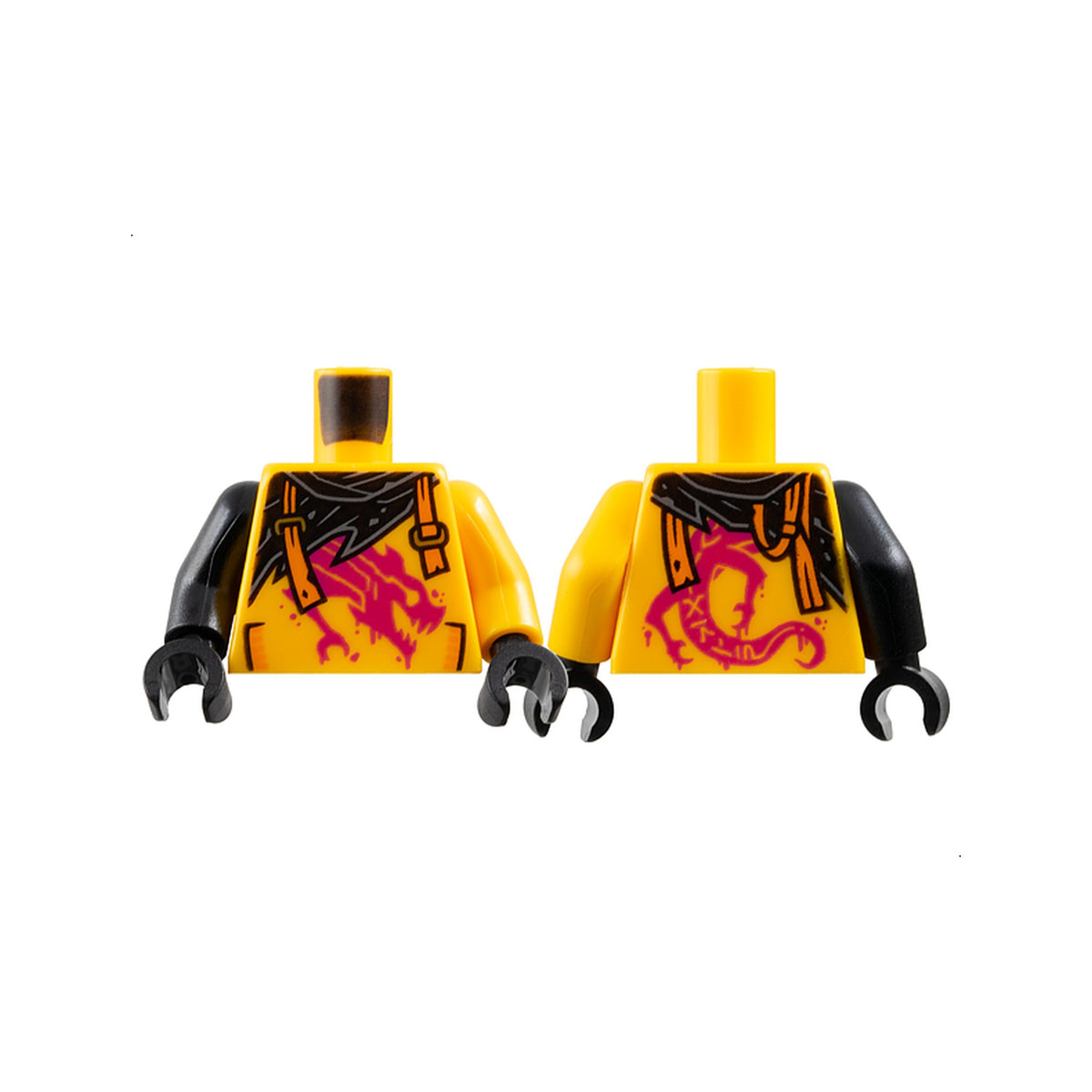 LEGO® Torso Shirt with Pockets and Painted Magenta Dragon, Black Tattered Scarf, Orange Broken Suspenders with Gold Slides Pattern / Bright Light Orange Arm Left / Black Arm Right / Black Hands 973pb5955c01 hellorange