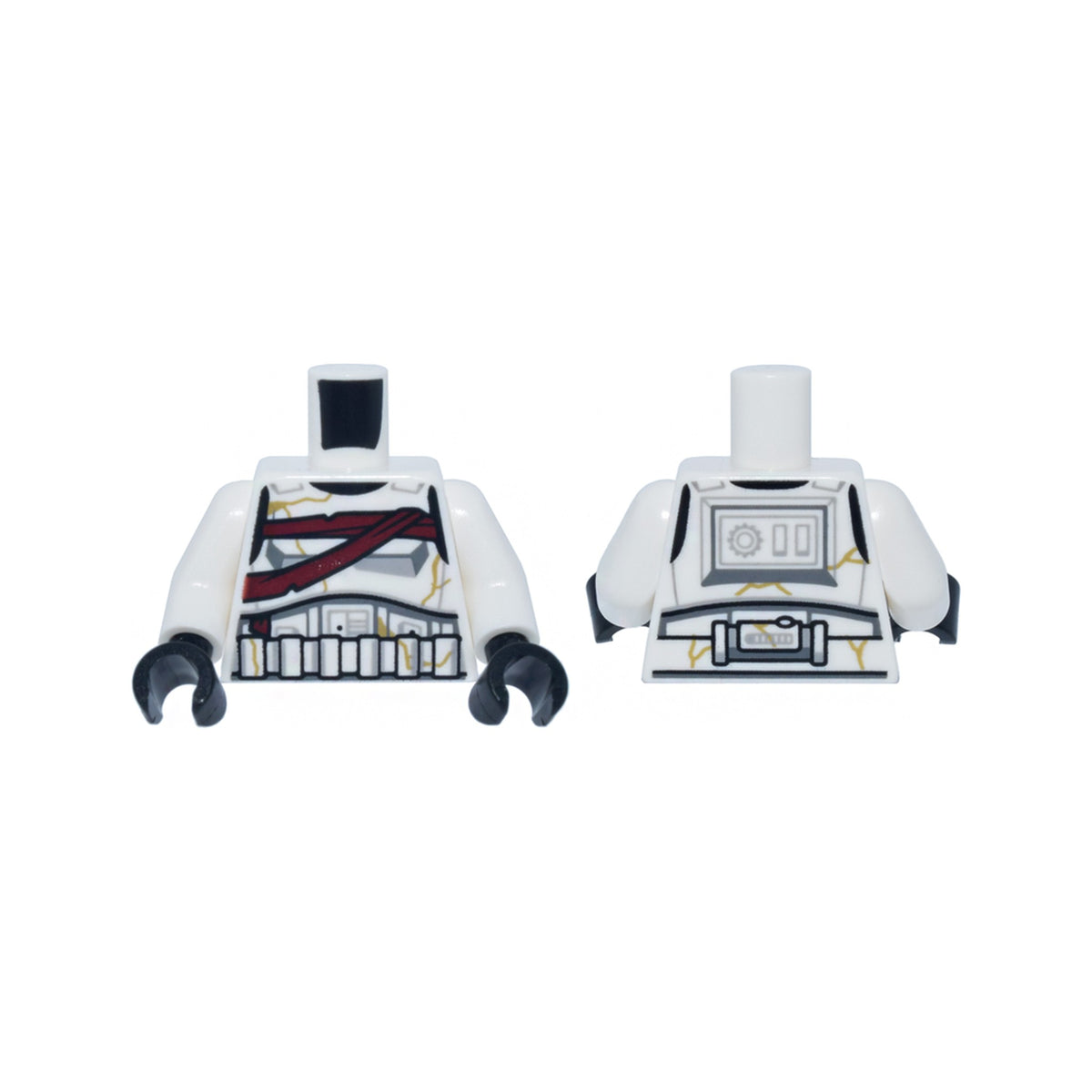LEGO® Torso SW Armor Stormtrooper, Simplified Armor with Shoulder Belts, Dark Red Bandages Around Chest, Gold Cracks Pattern / White Arms / Black Hands 973pb6149c01 weiss