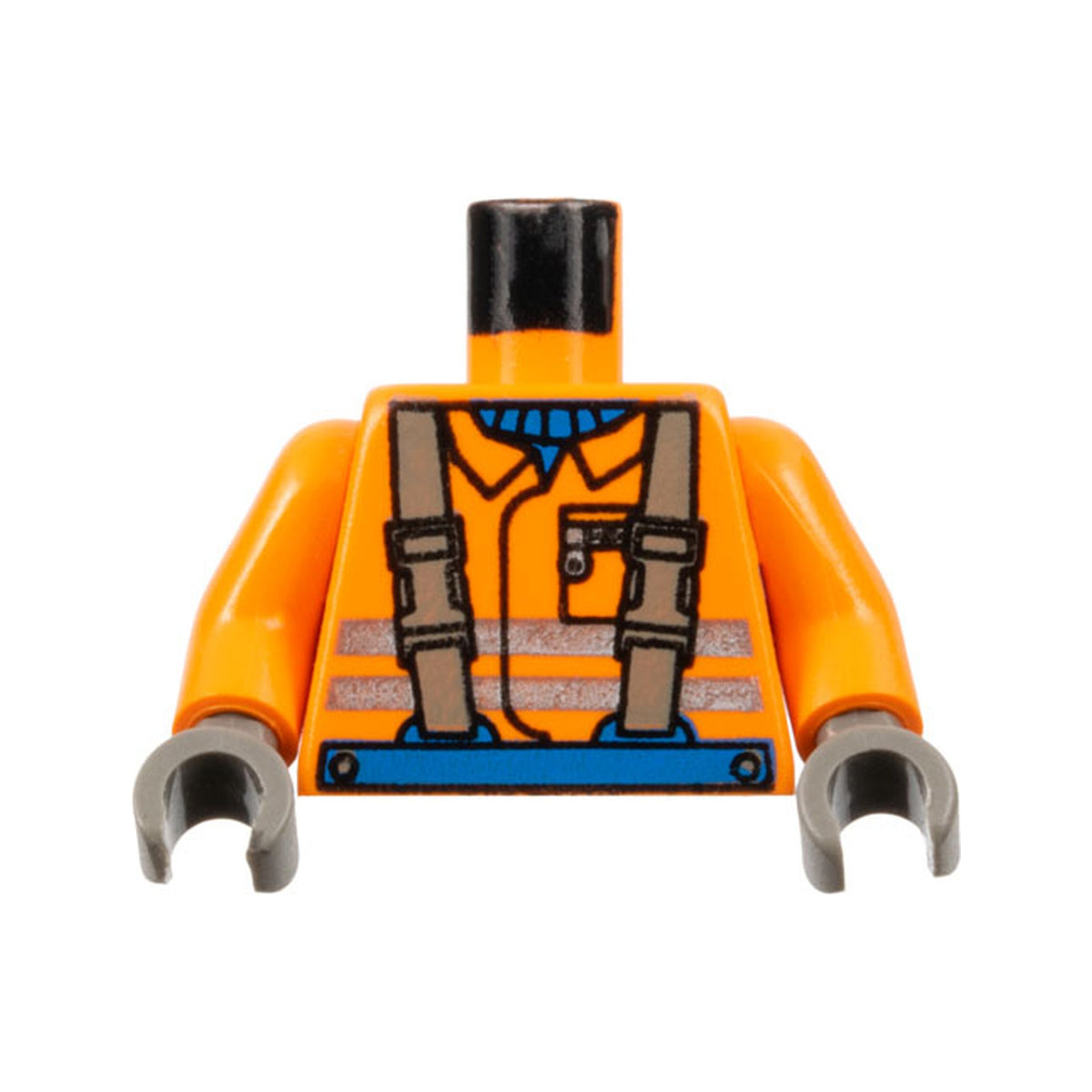 LEGO® Torso Town Construction Brown Suspenders, Shirt, Safety Stripes Pattern / Orange Arms / Dark Gray Hands 973px177c01 orange
