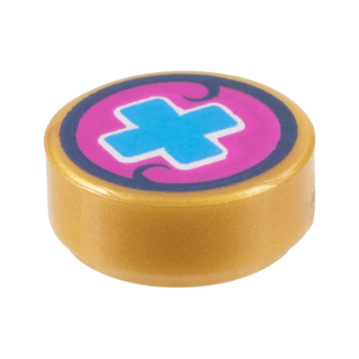 LEGO® Tile, Round 1 x 1 with Dark Azure Cross on Magenta Background Pattern 98138pb075 perlgold