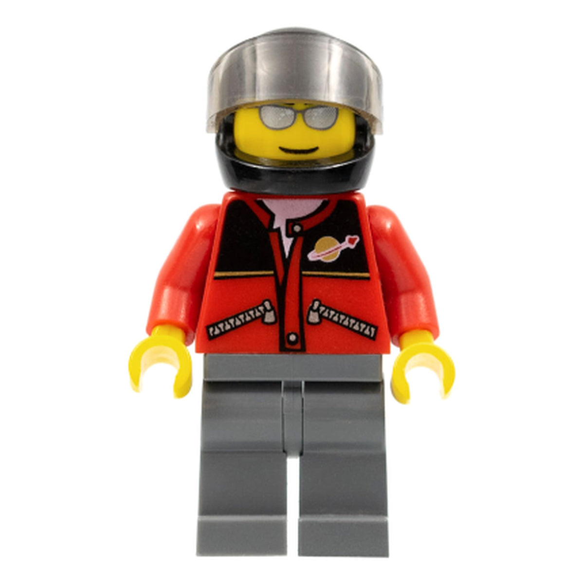 LEGO® Minifigur Red Jacket with Zipper Pockets and Classic Space Logo, Dark Bluish Gray Legs, Black Helmet, Silver Sunglasses twn060 – Gebr.
